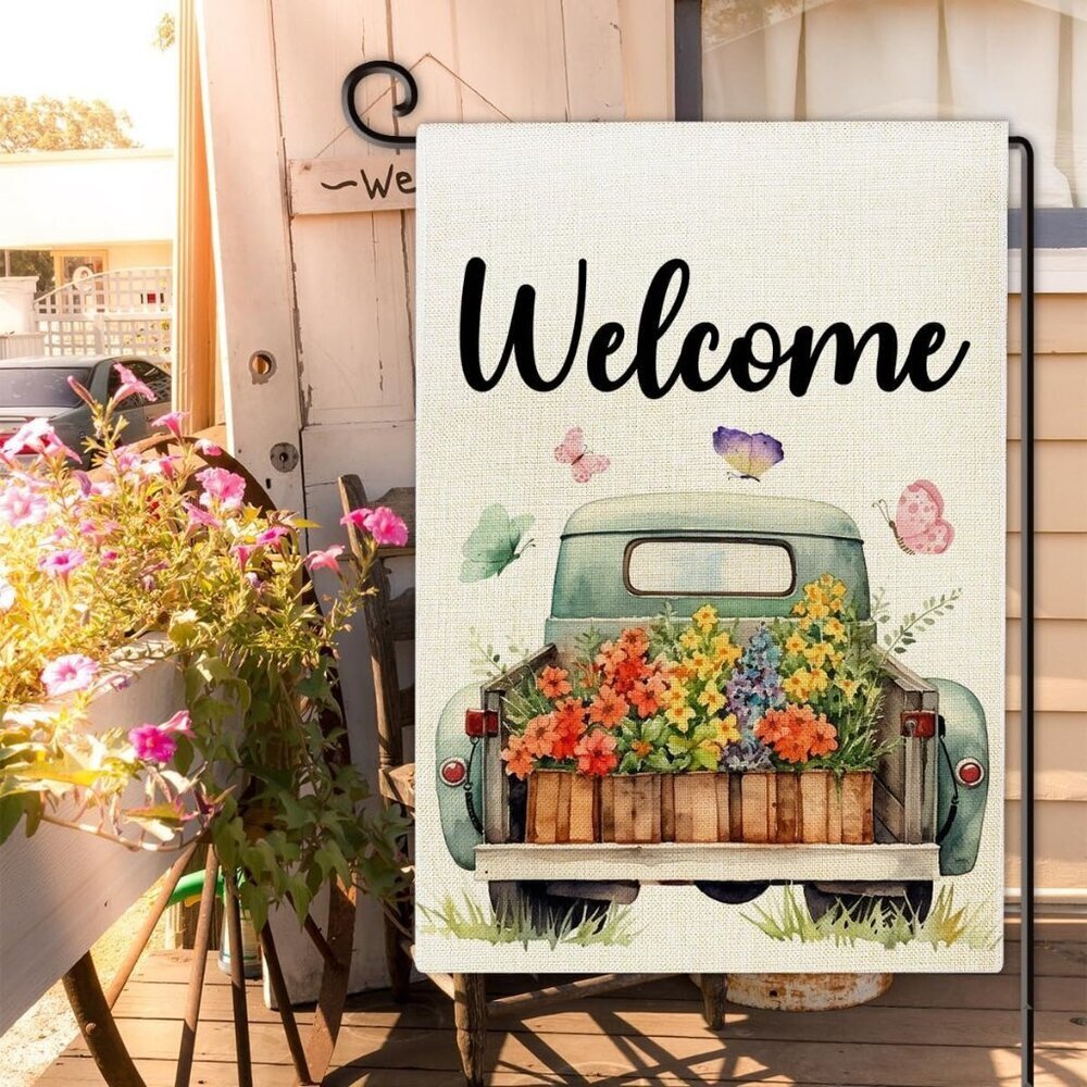Spring Summer Welcome Garden Flag Truck Flowers Garden Yard Flag Outdoor 12"x18"